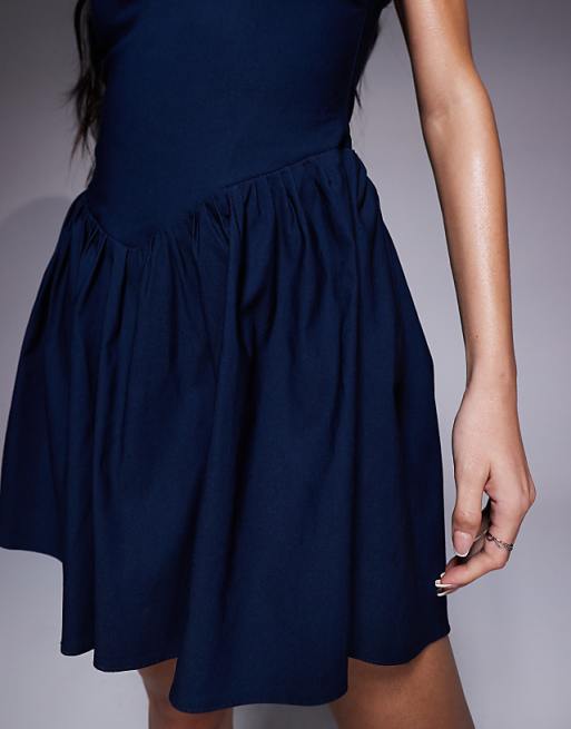 Asos Vesper Bengaline Square Neck Skater Mini Dress In Navy