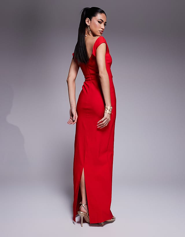 Asos Vesper Bengaline Sweetheart Neckline Off The Shoulder Maxi Dress In Red