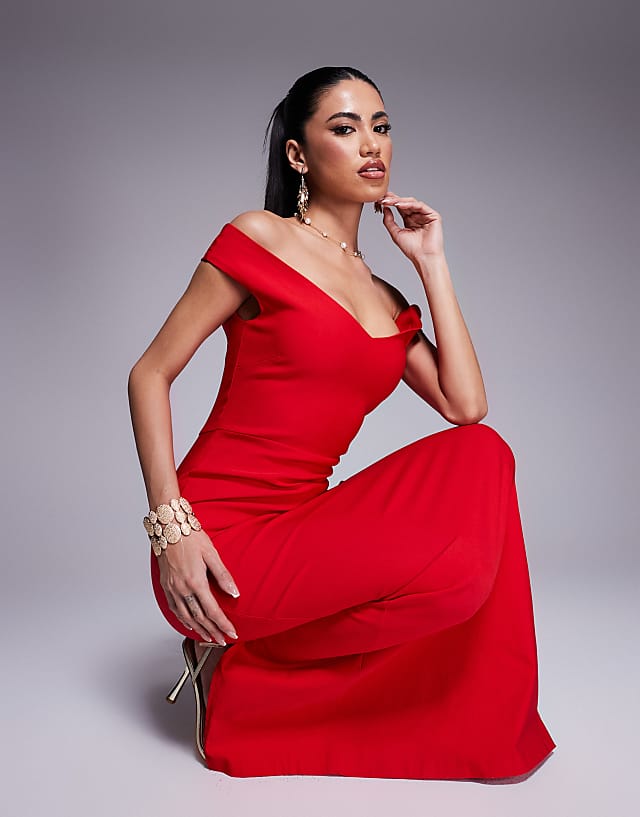 Asos Vesper Bengaline Sweetheart Neckline Off The Shoulder Maxi Dress In Red