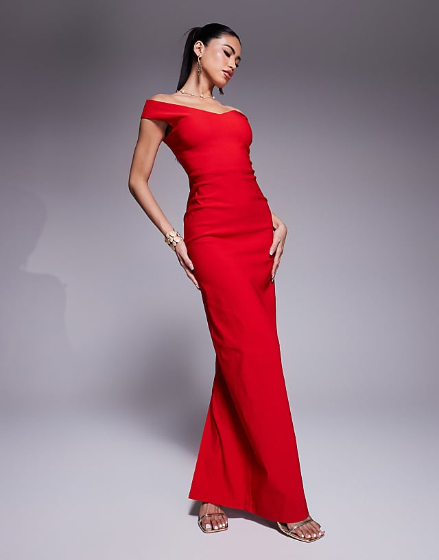 asos Vesper bengaline sweetheart neckline off the shoulder maxi dress in red