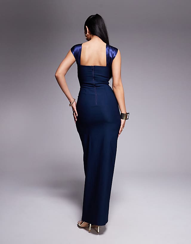 Asos Vesper Halter Neck Maxi Dress With Satin Straps And Thigh Split In Navy