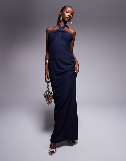 asos Vesper Halterneck maxi dress with bow in navy in navy