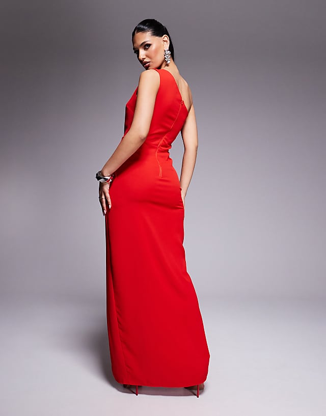 Asos Vesper One Shoulder Cut Out Maxi Dress With Front Split In Red