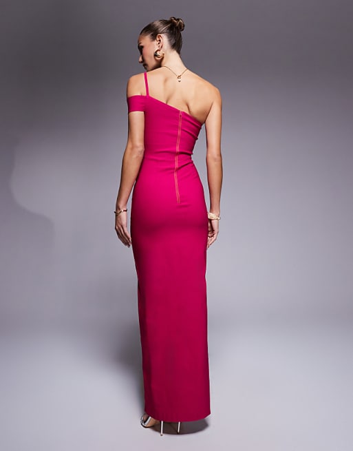 Asos Vesper One Shoulder Maxi Dress With Fold Over Band In Cerise