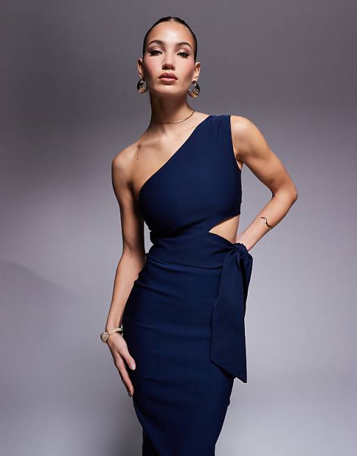 Asos Vesper One Shoulder Midaxi Dress With Belt In Navy