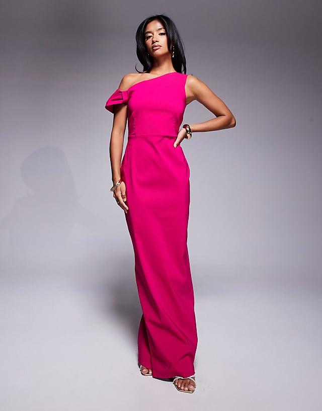 Asos Vesper Petite Bengaline One Shoulder Knot Detail Maxi Bodycon Dress In Pink