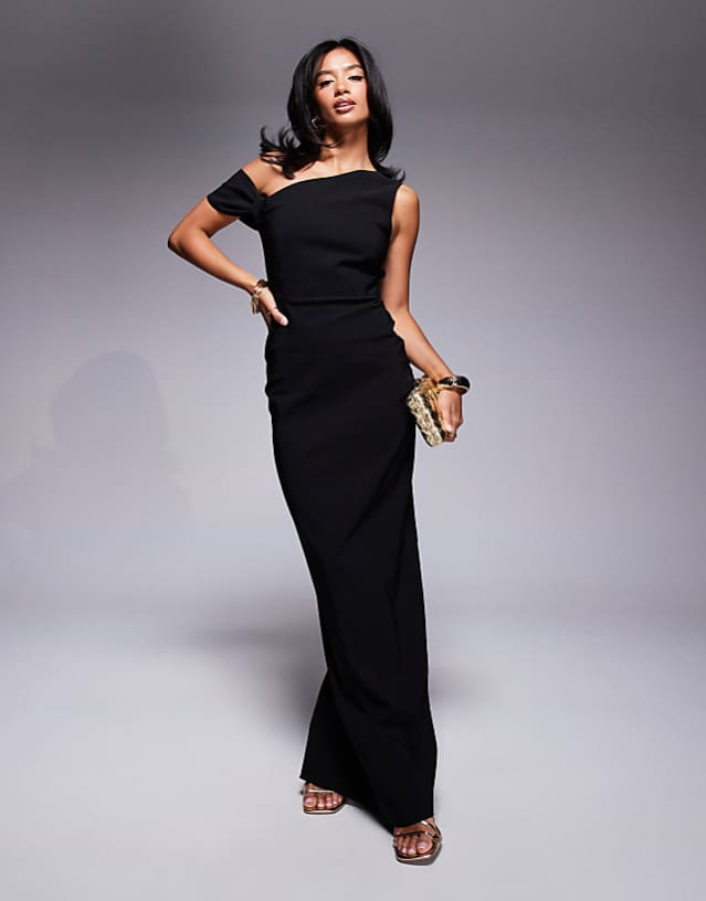 asos Vesper Petite bengaline one shoulder knot detail maxi bodycon dress in black
