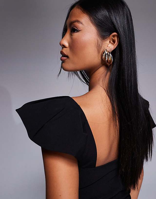 Asos Vesper Petite Bengaline Square Neck Ruffle Sleeve Side Split Midaxi Dress In Black