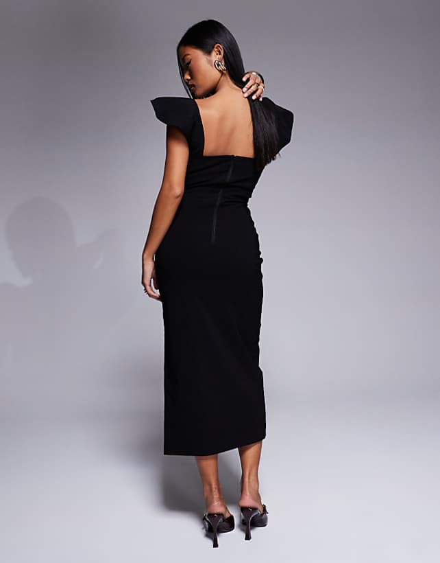 Asos Vesper Petite Bengaline Square Neck Ruffle Sleeve Side Split Midaxi Dress In Black