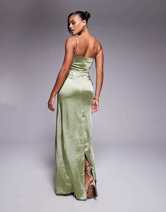 Asos Vesper Satin Strappy Maxi Dress With Split In Khaki