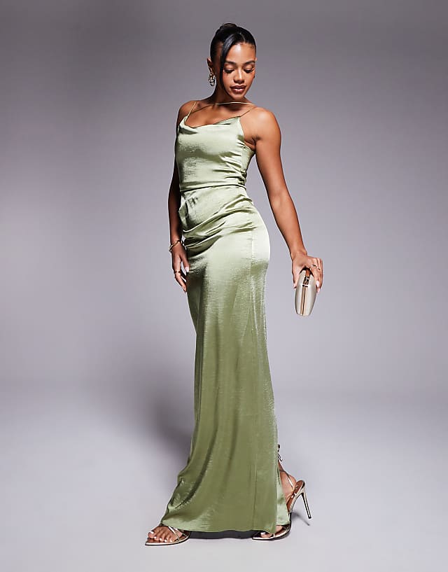 asos Vesper Satin strappy maxi dress with split in khaki