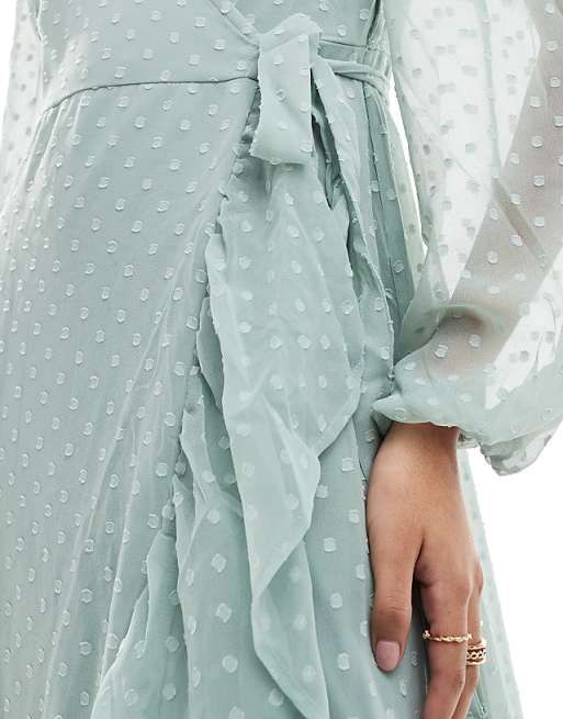 Asos Vila Bridesmaid Dobby Wrap Maxi Dress With Frill Detail In Sage Green
