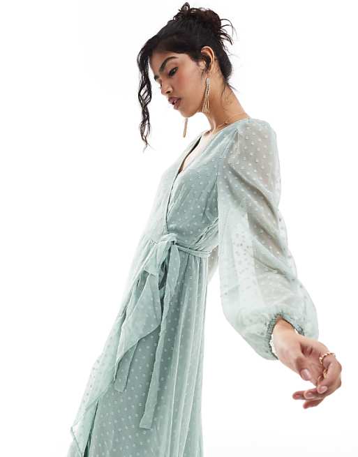 Asos Vila Bridesmaid Dobby Wrap Maxi Dress With Frill Detail In Sage Green