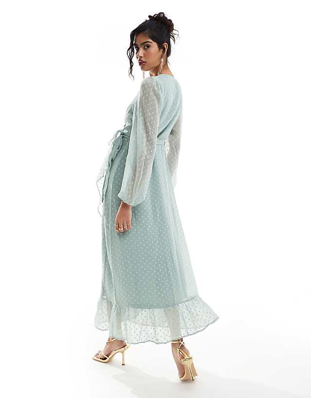 Asos Vila Bridesmaid Dobby Wrap Maxi Dress With Frill Detail In Sage Green