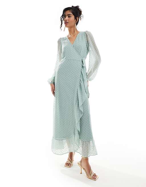asos Vila Bridesmaid dobby wrap maxi dress with frill detail in sage green