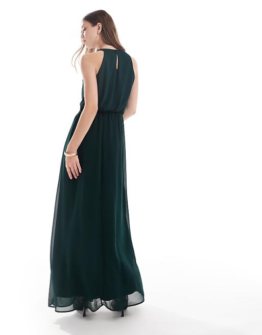 Asos Vila Bridesmaid Halterneck Maxi Dress In Dark Green