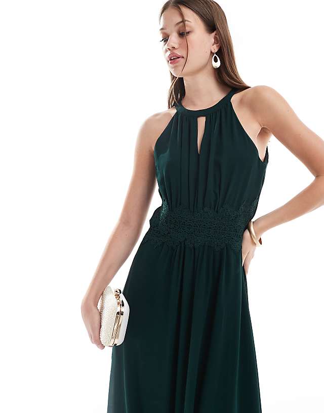 Asos Vila Bridesmaid Halterneck Maxi Dress In Dark Green