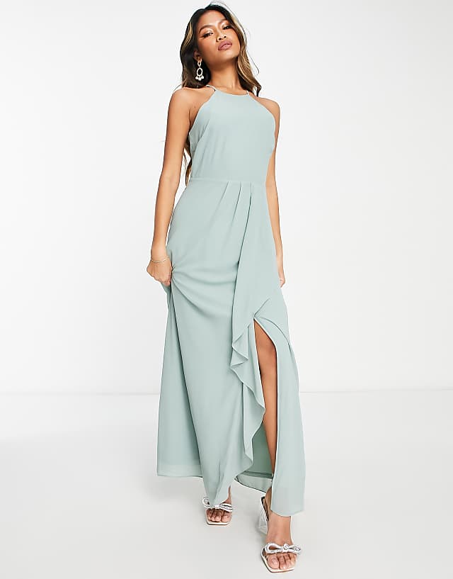 Asos Vila Bridesmaid Halterneck Maxi Dress With Cut Out Back In Green