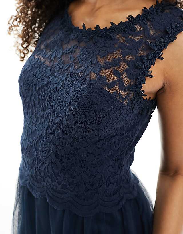 Asos Vila Bridesmaid Lace And Tulle Maxi Dress In Navy