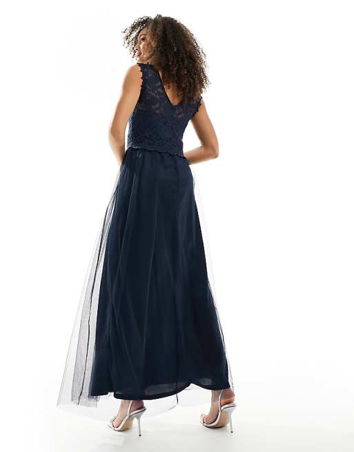 Asos Vila Bridesmaid Lace And Tulle Maxi Dress In Navy