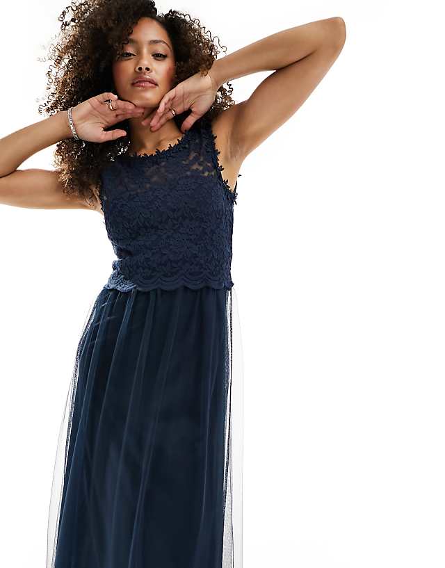 Asos Vila Bridesmaid Lace And Tulle Maxi Dress In Navy