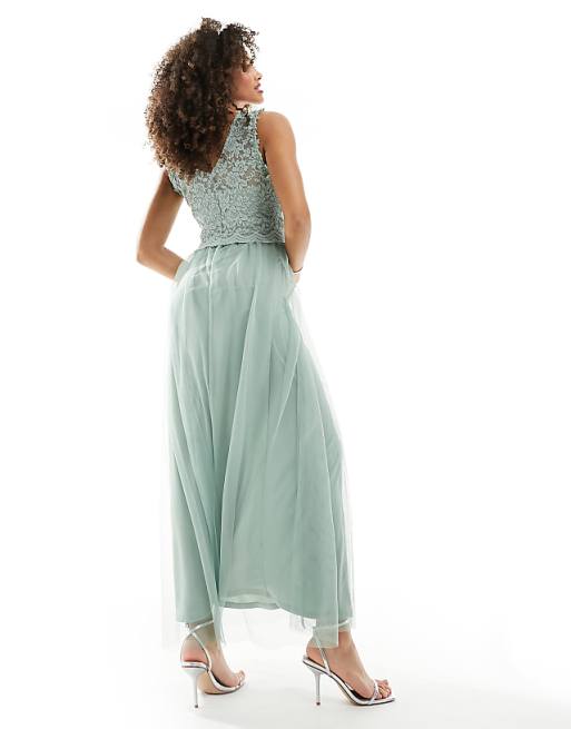 Asos Vila Bridesmaid Lace And Tulle Maxi Dress In Sage Green