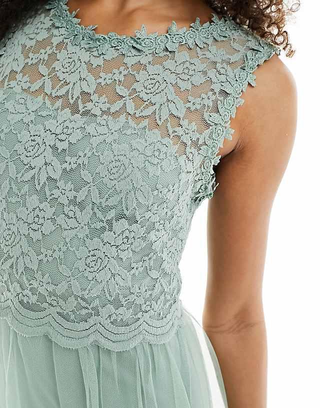 Asos Vila Bridesmaid Lace And Tulle Maxi Dress In Sage Green