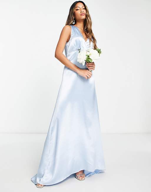 Asos Vila Bridesmaid Satin V Neck Maxi Dress With Train In Pastel Blue