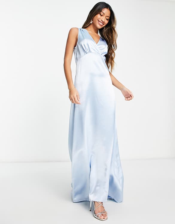 asos Vila Bridesmaid satin v neck maxi dress with train in pastel blue