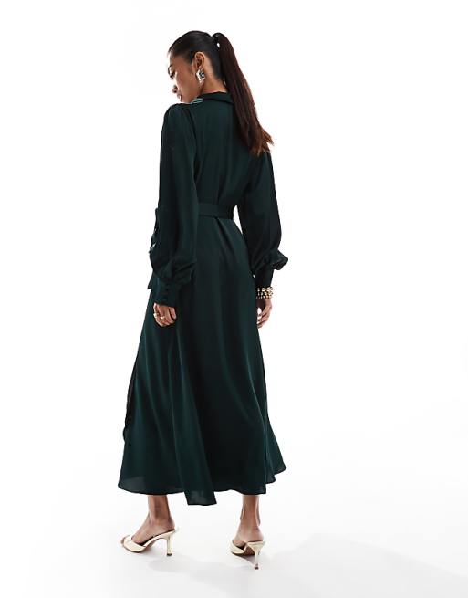 Asos Vila Bridesmaid Satin Wrap Maxi Dress In Green