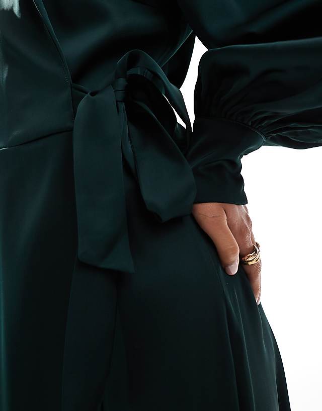 Asos Vila Bridesmaid Satin Wrap Maxi Dress In Green