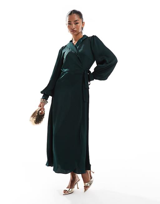 Asos Vila Bridesmaid Satin Wrap Maxi Dress In Green
