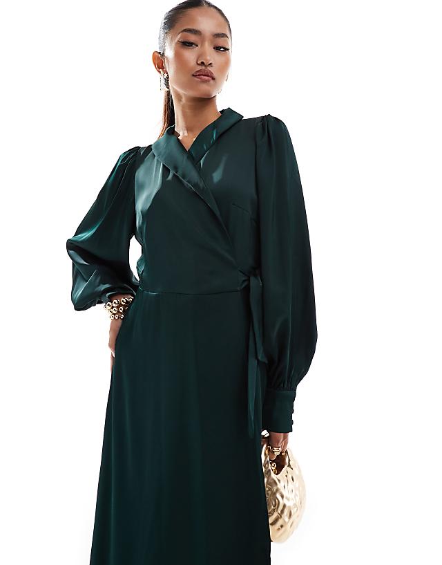 asos Vila Bridesmaid satin wrap maxi dress in green
