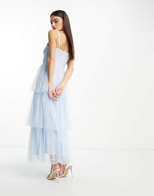 Asos Vila Bridesmaid Tulle Dobby Maxi Dress With Tiered Skirt In Blue