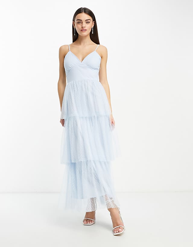 Asos Vila Bridesmaid Tulle Dobby Maxi Dress With Tiered Skirt In Blue