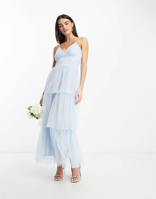 asos Vila Bridesmaid tulle dobby maxi dress with tiered skirt in blue