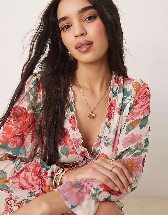 Asos Vila Chiffon Frill Detail Mini Dress In Red Rose Print
