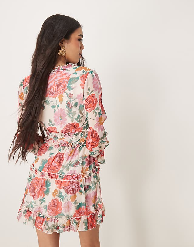 Asos Vila Chiffon Frill Detail Mini Dress In Red Rose Print