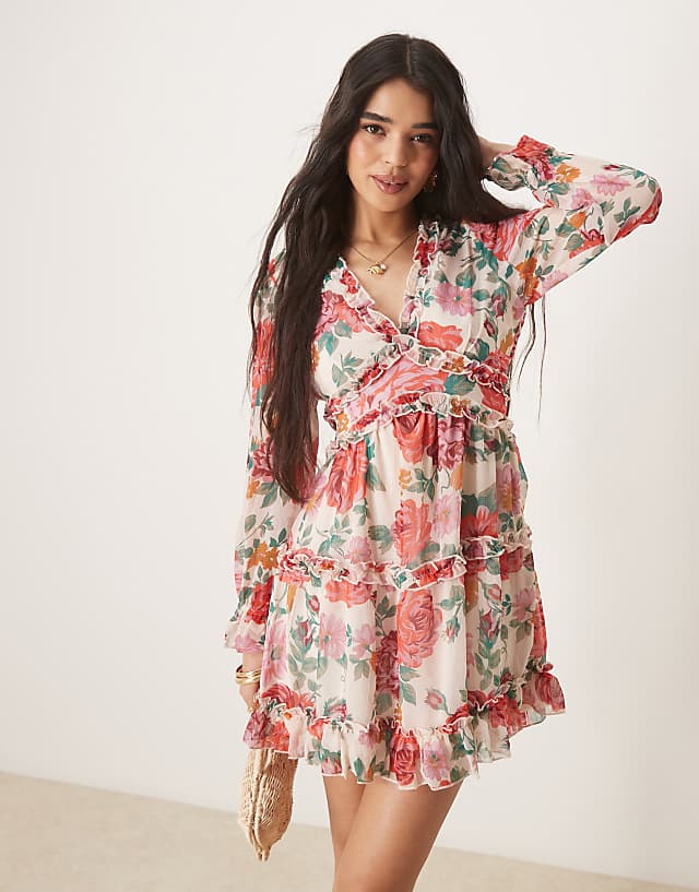 Asos Vila Chiffon Frill Detail Mini Dress In Red Rose Print