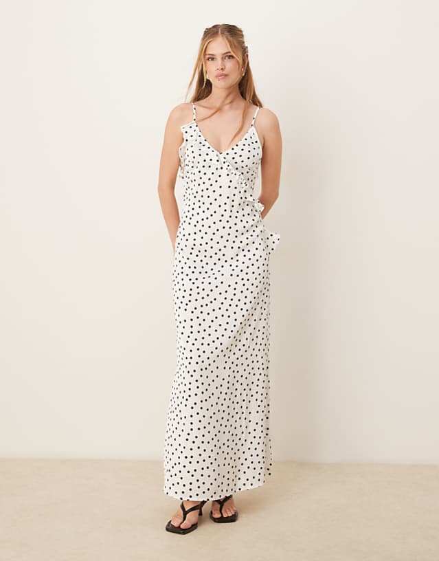 Asos Vila Coursage And Ruffle Detail Maxi Slip Dress In Black And White Spot Print