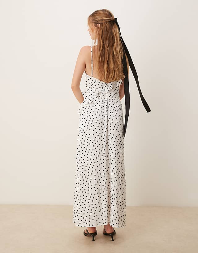 Asos Vila Coursage And Ruffle Detail Maxi Slip Dress In Black And White Spot Print