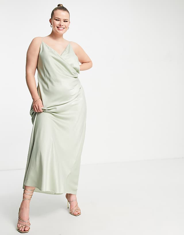 Asos Vila Curve Bridesmaid Cami Maxi Dress With Ruching In Green Satin