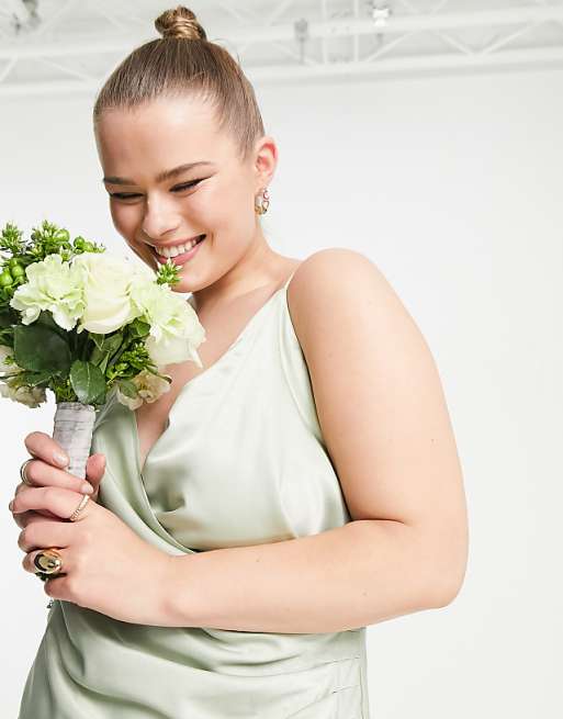 Asos Vila Curve Bridesmaid Cami Maxi Dress With Ruching In Green Satin