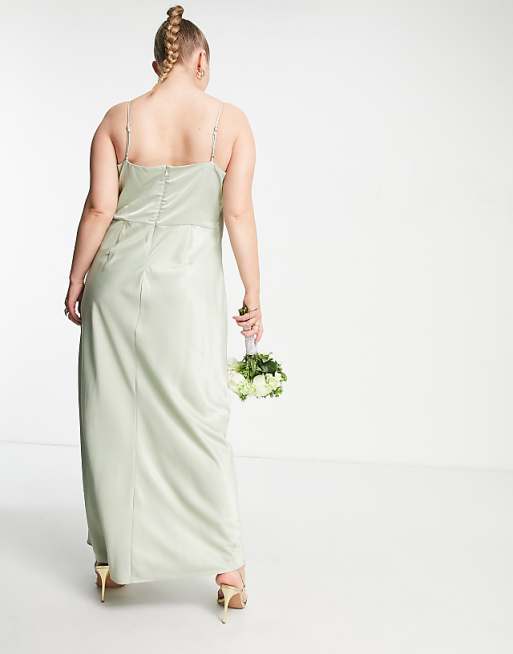 Asos Vila Curve Bridesmaid Cami Maxi Dress With Ruching In Green Satin