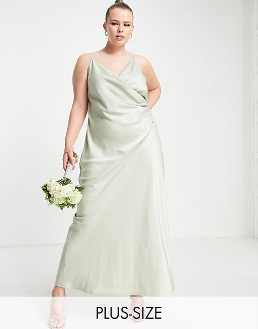 asos Vila Curve Bridesmaid cami maxi dress with ruching in green satin