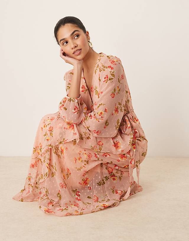 Asos Vila Dobby Wrap Maxi Dress With Frill Detail In Rose Floral Print