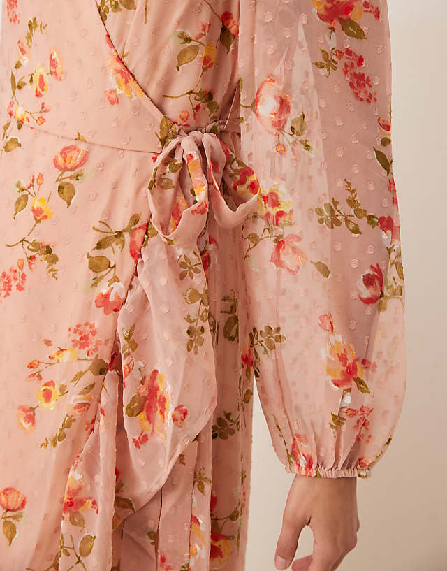 Asos Vila Dobby Wrap Maxi Dress With Frill Detail In Rose Floral Print