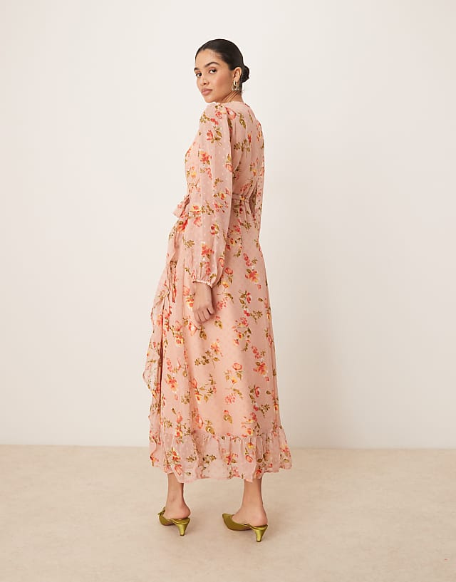 Asos Vila Dobby Wrap Maxi Dress With Frill Detail In Rose Floral Print
