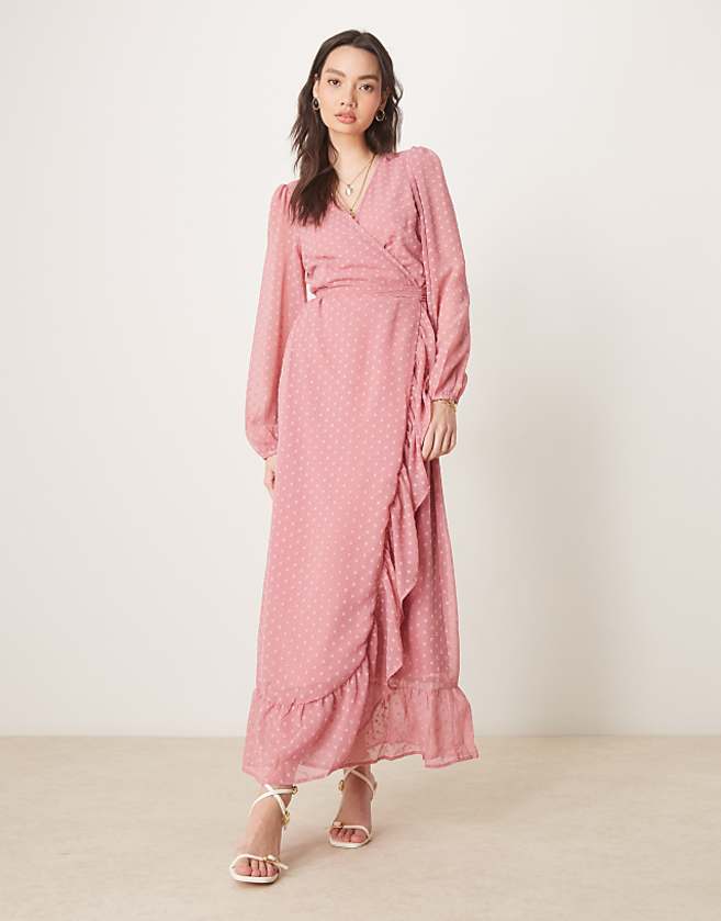 asos Vila dobby wrap maxi dress with frill detail in rose pink