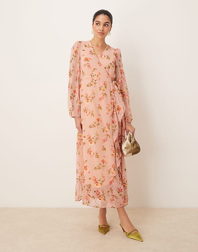 asos Vila dobby wrap maxi dress with frill detail in rose floral print